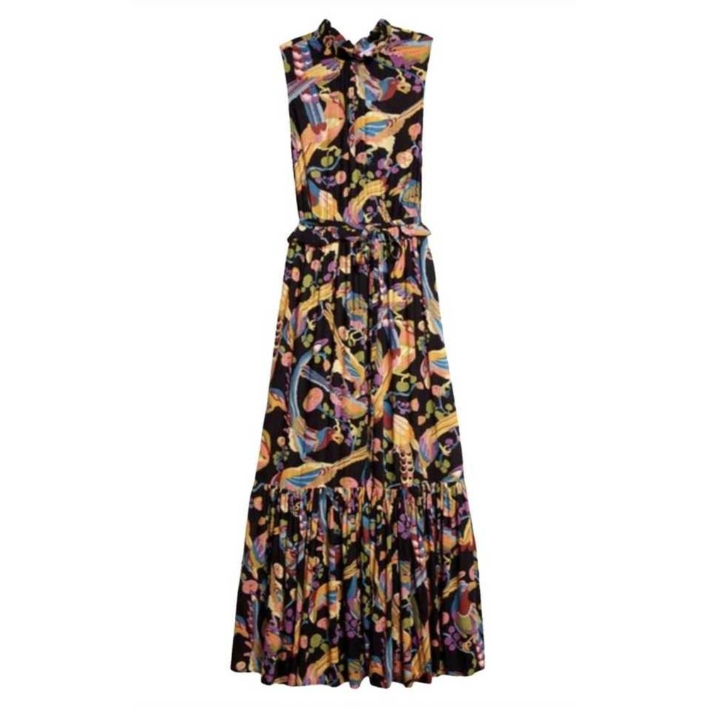 Banjanan Bird Print Maxi Dress Black Multi Women Size M Sleeveless Tiered Ruffle